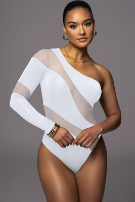 Sexy Tight Mesh Patchwork Hollow One-shoulder Jumpsuit
