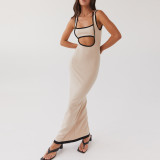 Sexy Hollow Contrast Color Suspender Woolen Backless Dress