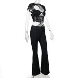 Sexy Lace Hollow Top Straight Bootcut Pants Suit