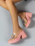 High-heeled Thick-soled Square-toe Rhinestone Slippers