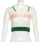 Fashionable Midriff-baring Polo Collar Color-blocked Sweater