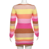 Fashionable Color Block Knitted Buttoned Slim Fit Dress