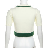 Fashionable Midriff-baring Polo Collar Color-blocked Sweater