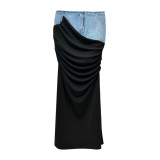 Black Pleated Patchwork Design Long Denim Skirt