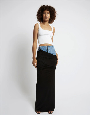 Black Pleated Patchwork Design Long Denim Skirt