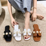Large Size Pearl Hollow Casual Lightweight Low Heel Square Toe Sandals