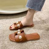 Large Size Pearl Hollow Casual Lightweight Low Heel Square Toe Sandals