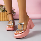 High-heeled Thick-soled Square-toe Rhinestone Slippers