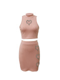 Solid Color Ribbed Sleeveless Sexy Love Decorated Skirt Two-piece Set