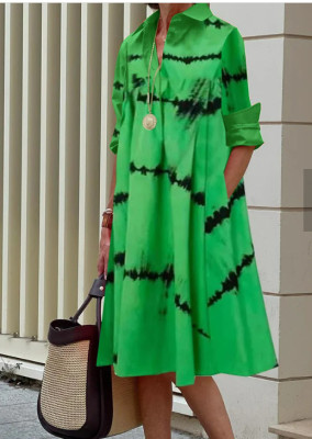 Stylish Printed Shirt Collar Long Dress