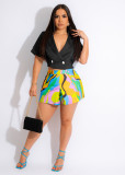 V-neck Double-breasted Short-sleeved Top Printed Shorts Two-piece Set