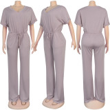 Loose Casual Solid Color V-neck Women's Jumpsuit