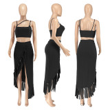 Trendy Solid Color Slit Tassel Hip-covering Long Skirt Two-piece Set