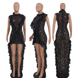 Sleeveless Lace Ruffle Collar Irregular Floor-length Dress
