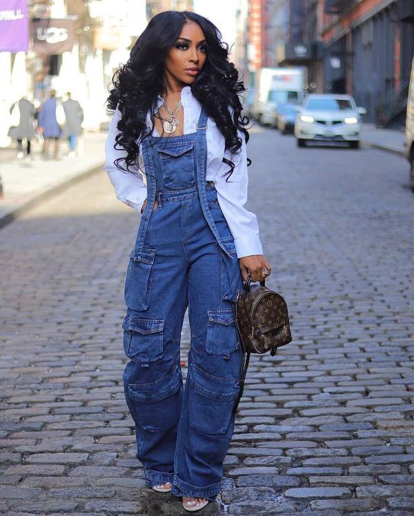 Sexy Washed Denim Loose Multi-pocket Overalls