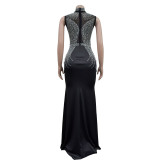 Fashion Women's Solid Color Net Yarn Perm Rhinestone Slit Dress