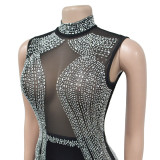 Fashion Women's Solid Color Net Yarn Perm Rhinestone Slit Dress