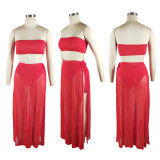Pure Red Breast Wrap + Panties + Mesh Skirt Swimsuit Three-piece Set