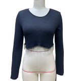 Fashionable Casual Round Neck Long Sleeve Knitted Crop Top