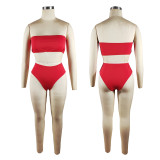 Pure Red Breast Wrap + Panties + Mesh Skirt Swimsuit Three-piece Set