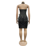 Solid Color Mesh Permed Diamond Feather Short Dress