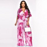 Fashionable V-neck Pleated Hot Printed Jumpsuit