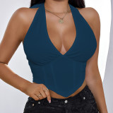 Sexy Navel-baring Halterneck Strappy V-neck Top