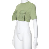 Fashionable Round neck Short Sleeve Cargo Pocket Ultra Short T-shirt Top