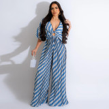 Fashionable V-neck Pleated Hot Printed Jumpsuit