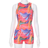 Fashionable Colorful Printed Back Hollow Round Neck Sleeveless Jumpsuit