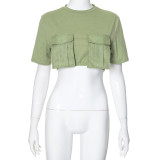 Fashionable Round neck Short Sleeve Cargo Pocket Ultra Short T-shirt Top