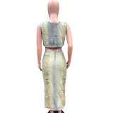 Personalized Frayed Vest Slit Denim Skirt Suit