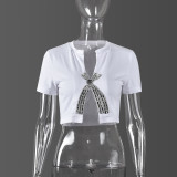 2024 Fashionable Navel-baring Slit Hot Rhinestone Top T-shirt