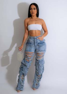 Fashionable and Sexy Ripped Washed Cargo Bag Jeans