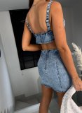 Fashionable And Sexy Denim Suspender Backless Dress