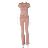 Spring And Summer Fashion Navel Exposed Short-sleeved Top Slim Trousers Set