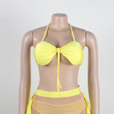 Solid Color Mesh See-through Halterneck Strappy Three-piece Swimsuit Set
