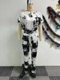 Sexy Printed Short-sleeved One-shoulder Stretch Slim Fit Jumpsuit