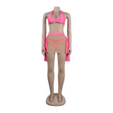 Rose Red Strapped Mesh Gauze Three-piece Swimsuit Set