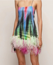 Sexy Strapless Backless Feather Print Dress