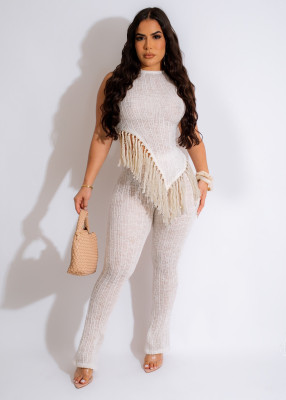 Fashionable Irregular Knitted Fringed Vest Trousers Two-piece Set