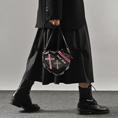 Black Heart-shaped Rivet Punk Style Shoulder Bag