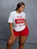 Letter Printed High Elastic Short-sleeved Red Shorts Two-piece Set
