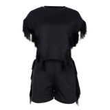Casual Solid Color Tassel O Neck Short Sleeved Sexy Two Piece