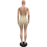 Knitted Hand Hook Hollow Tassel Tube Top Sexy Short Skirt Two Piece