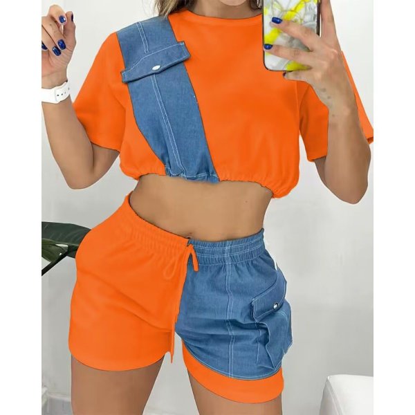 Summer New Fashionable Patchwork Navel Baring Short Sleeved Shorts Two Pieces