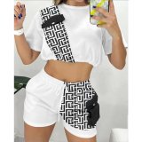 Summer New Fashionable Patchwork Navel Baring Short Sleeved Shorts Two Pieces