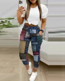 Casual O Neck Short Sleeved Printed Drawstring Trousers Two Pieces