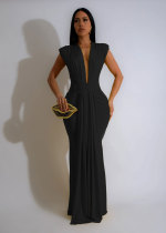Sexy Big V Neck Solid Color Sleeveless Dress