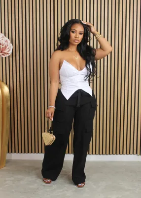 Multi Pocket Drawstring Elastic Waist Straight Leg Cargo Pants